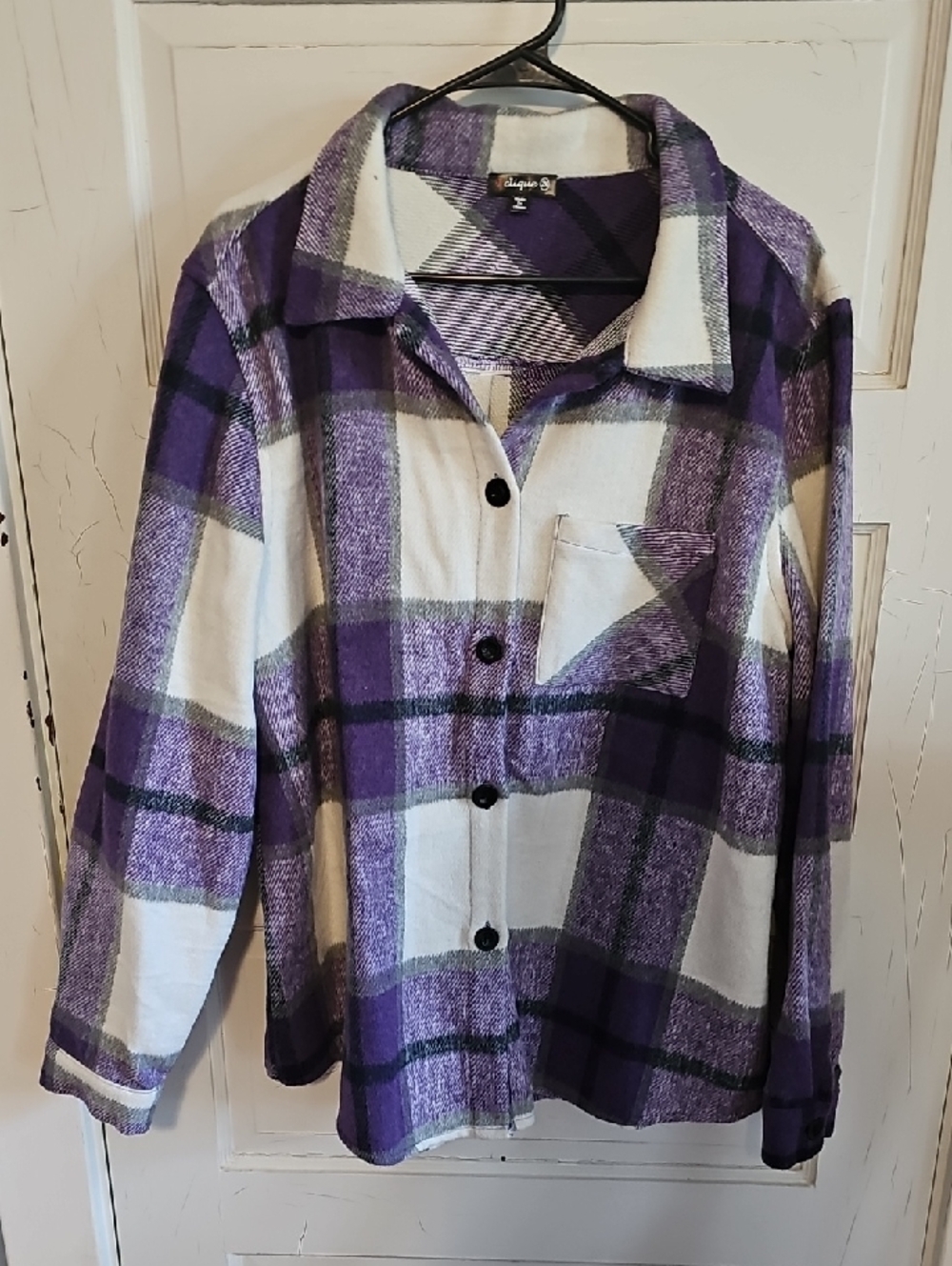 Purple Plaid Button-Down Shirt Jacket - Ladies